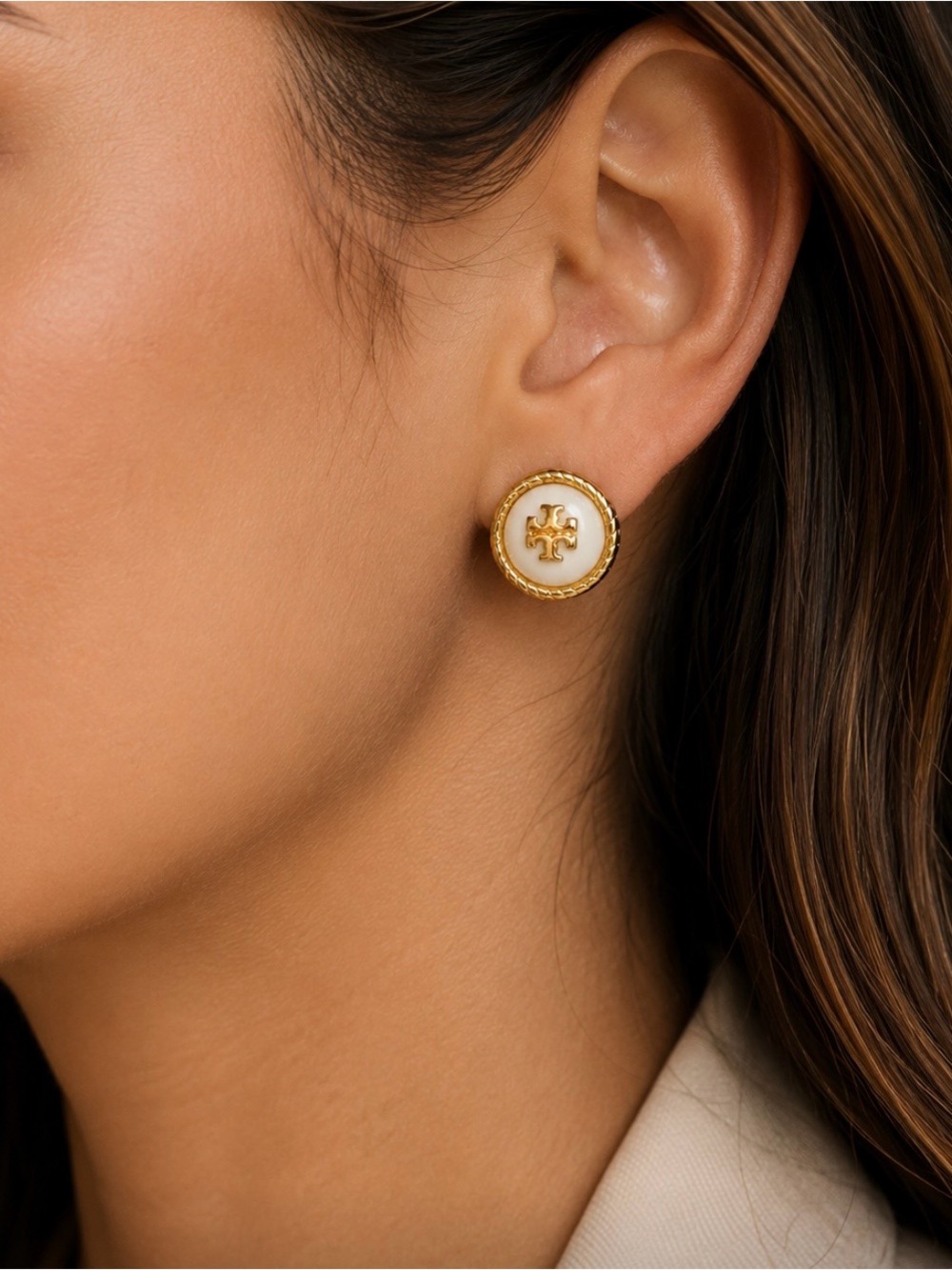 Tory Burch Logo Stud Earrings | Gold Tone & Ivory Enamel